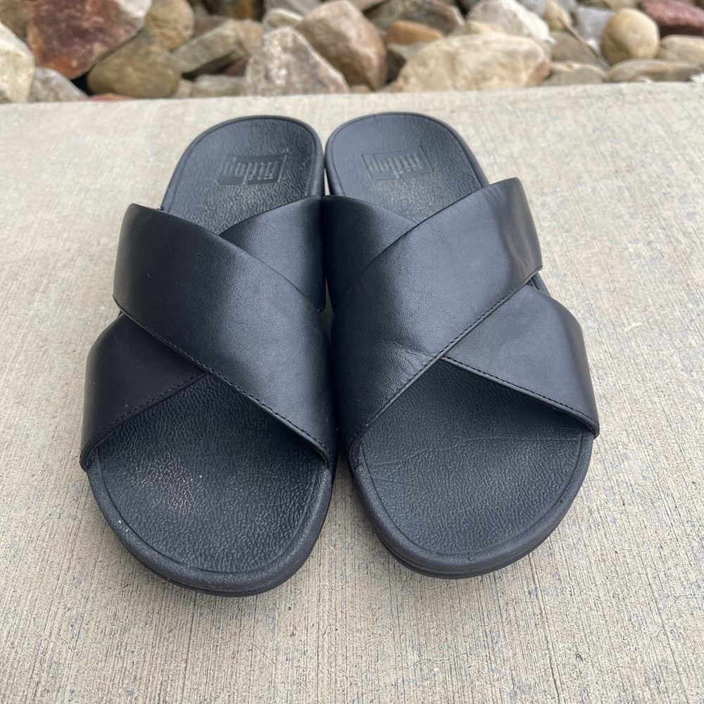 FitFlop Lulu Cross Leather Black Sandals Comfort Slip On Fit Flop Size 6
